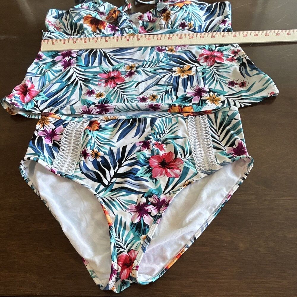 TimeandTru Women's Tropical Tankini Top XL 16-18 HighWaist Bottom is M 8-10 0102